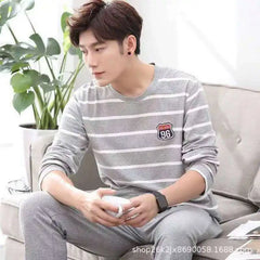 2 Sets of Men Pajamas Set of Long-Sleeved Long Trousers Students Sleepwear Homewear Cartoon O-Neck Striped Nightwear Loungewear