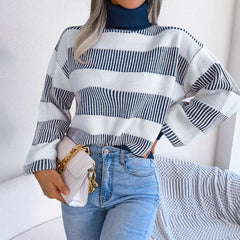 European And American Street Stripe Lantern Sleeve High Neck Bottoming Sweater