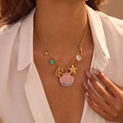 Fan Shell Starfish Ocean Vacation Style Necklace Stainless Steel Plated 18K