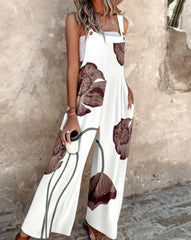 Floral Print Adjustable Strap Pocket Design Wide Leg Suspender Jumpsuit