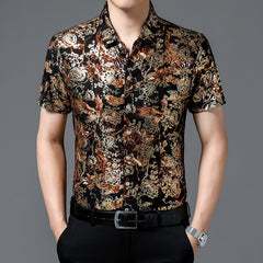 Summer Men's Middle-aged Printed Shirt Short Sleeve Stretch Ice Silk Leisure