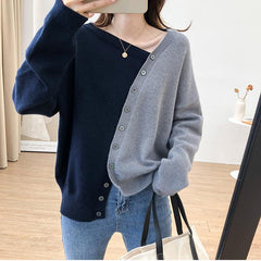 Diagonal Button Design Sense Contrast Color Long Sleeves Knitwear For Women