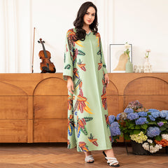 Elegant Style Holiday Style Round Neck Flowers Plant Bead Rhinestone Regular Sleeve Kaftan Light Green