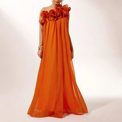 Women's Three-dimensional Flower Pleated Strapless Sloping Shoulder Backless Dress