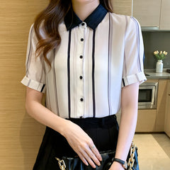 Women's New Style Contrast Color Striped Short Sleeve Shirt