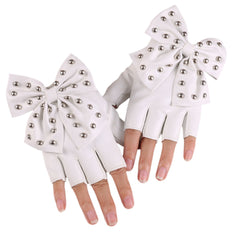 Rivet Bowknot Faux Leather PU Fashion Half Finger Gloves