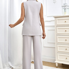 Women's Solid Color Lapel Sleeveless Top And Loose Wide Leg Straight Leg Pants Set