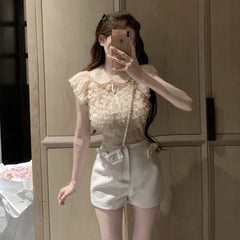 French Style Bow Lapel Chiffon Short Sleeve Shirt