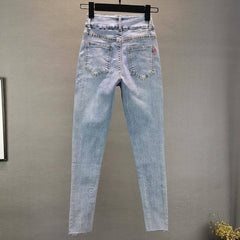 Elastic Slim Fit Slimming Heavy Embroidery Hot Drilling Tappered Pencil Pants