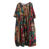 Women's New Style Large Size Loose Cotton And Linen Print Dress