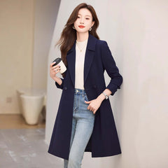 Black Suit Trench Coat Coat For Women Autumn modeled by a woman holding a coffee cup in a stylish setting.