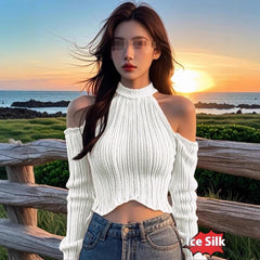 Halter Knitted Scheming Machine Off-the-shoulder Short Sweater