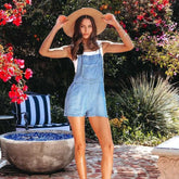 Mid-waist Straight Washed Denim Suspender Shorts