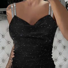 Women's Solid Color V-neck Rhinestone Shoulder Strap Sequin Fashionable And Sexy Camisole Vest