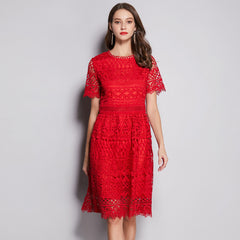 Small Fragrance Round Neck Heavy Industry Water-soluble Hollow Large Size Dress