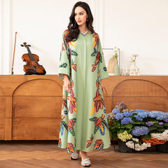 Elegant Style Holiday Style Round Neck Flowers Plant Bead Rhinestone Regular Sleeve Kaftan Light Green