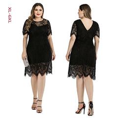 Summer Amazon Hot Large Size Women's Lace Dress Eyelash Plump Girls Waist Slimming Mini Midi Dress
