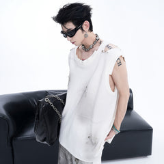 Vest Men's Waistcoat Ripped Irregular Cutting Piece Sleeveless T-shirt