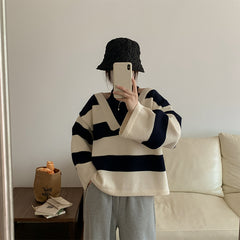 Korean Style False Two-piece Halter Off-the-shoulder Loose Striped Sweater