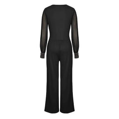 Women's Elegant V Neck Mesh Long Sleeve Loose Wide Leg Romper Party Jumpsuits With Rivet Cuffs