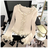 Women's Lace Patchwork Black Fungus Edge Knitted Cardigan Jacket