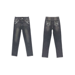 New Retro Embroidered Skull High Waist Slim Jeans Women