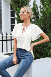 Hollow Jacquard Ruffled Raglan Sleeve Lace-up Short Sleeve Top