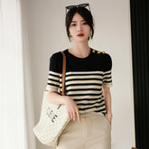 Knitted Short-sleeved Loose Striped T-shirt