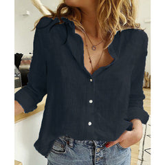 Spring And Autumn Solid Color Casual Loose Long Sleeve Linen Shirt For Women