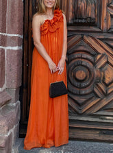 Women's Three-dimensional Flower Pleated Strapless Sloping Shoulder Backless Dress