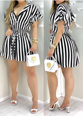 Ladies Ruffled Black Striped Waist Shirt Dress