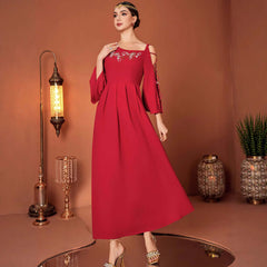Red Designer Model Heavy Industry Hand Sewing Drill Off-the-shoulder Dress