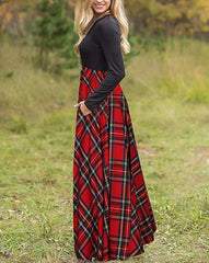 Printed Plaid Pocket Milk Silk Round Neck Long Sleeve Big Sleeve Dress