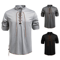 Drawstring Design Men's Stand-up Collar Long Sleeve T-shirt