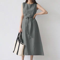 Women's Sleeveless Round Neck Solid Color Cotton And Linen Dress