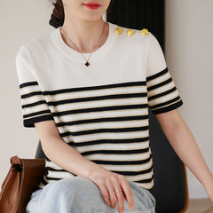 Knitted Short-sleeved Loose Striped T-shirt