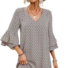 Cross Border Foreign Trade Popular V-neck Loose Printed Floral Bell Sleeve Dress
