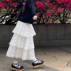 New High Waist White Lace Chiffon Skirt