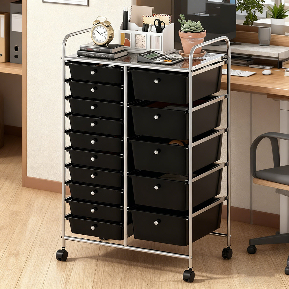 15 drawer rolling storage cart – chrome metal frame trolley front view