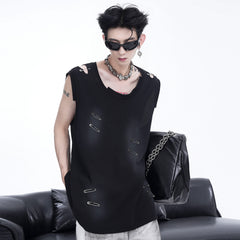 Vest Men's Waistcoat Ripped Irregular Cutting Piece Sleeveless T-shirt