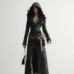 Dalian Hat Suede Slim-fit Thin Ruffled Overlong Coat displayed on model with hood and long sleeve in black.