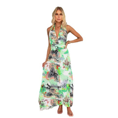 Printed Tied V-neck Waist-tight A- Line Dress