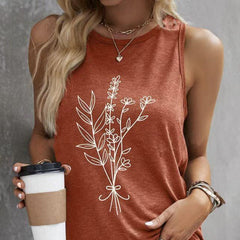 Women's Round Neck Simple Plant Print Versatile Fashion Vacation Style Vest Top
