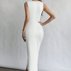 Women's New Fashionable Commuting Solid Color Sleeveless Generous Collar Slit Slim Fit Sexy Dress