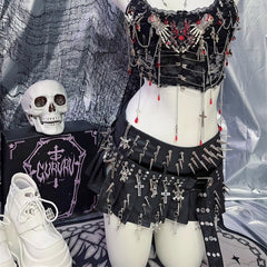 Rivet Skull Cross Punk Niche Street PU Leather Metal Pleated Skirt
