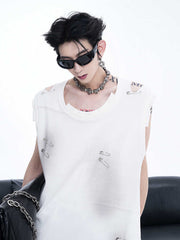 Vest Men's Waistcoat Ripped Irregular Cutting Piece Sleeveless T-shirt