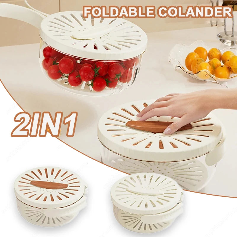 Fruit drain basket with lid – foldable vegetable washing colander front view