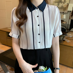 Women's New Style Contrast Color Striped Short Sleeve Shirt