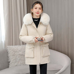 Waist Slimming Elegant Parka Cotton-padded Coat Fur Collar Western Style Velvet Lining Warm Coat in beige worn by a model.