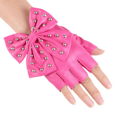 Rivet Bowknot Faux Leather PU Fashion Half Finger Gloves